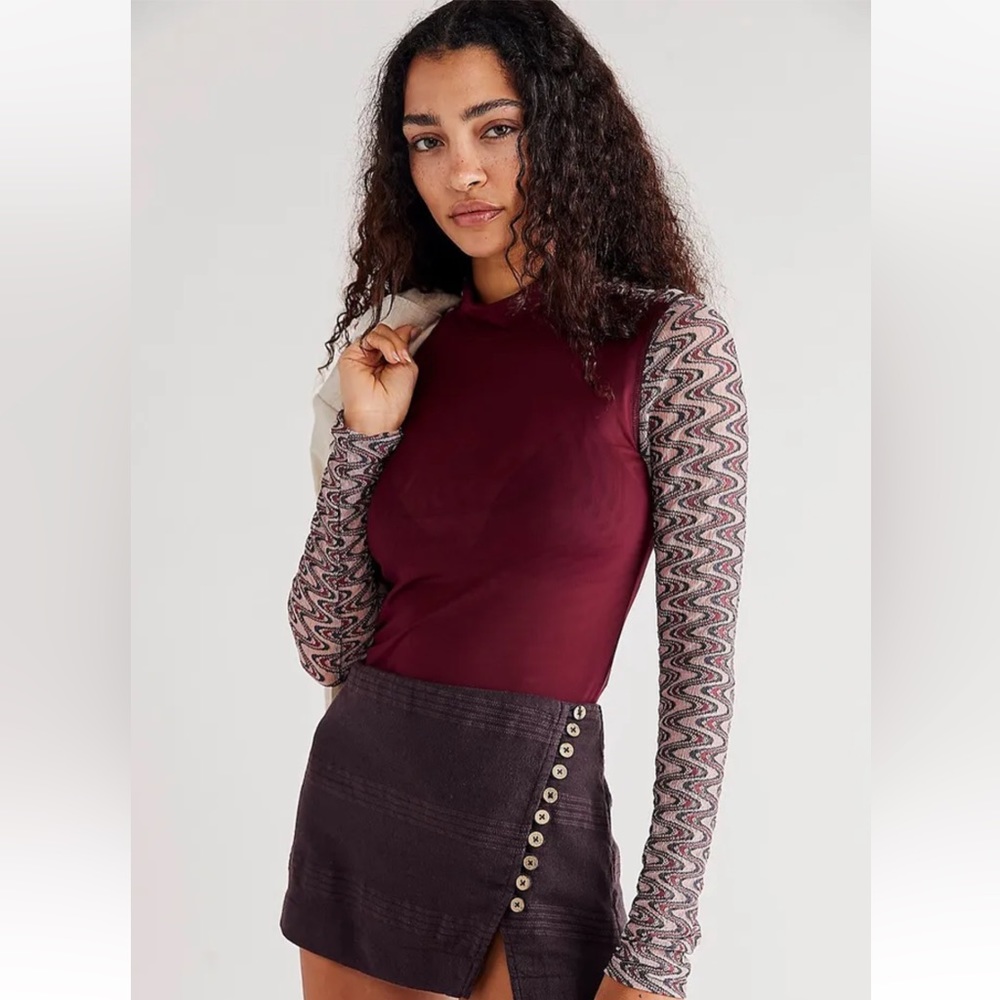 Free People Fitted Retro Sleeve Mesh Mock Neck Top